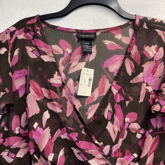Lane Bryant Sheer V-Neck Short Flutter Sleeve Blouse Women Sz 14/16 Brown Floral - Picture 7 of 13
